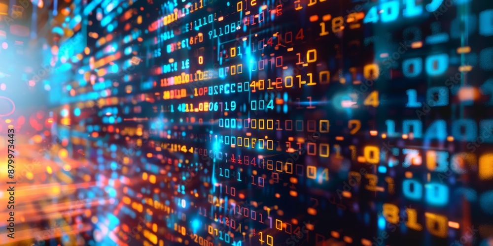 Poster a digital matrix with streaming lights and binary codes portrays data flow and technology advancemen