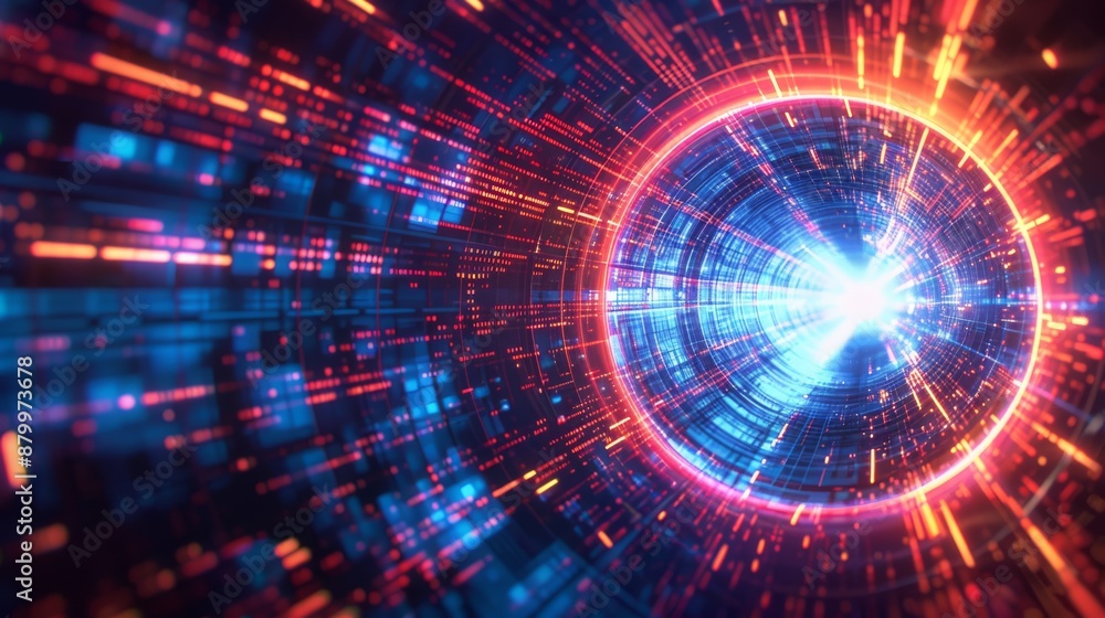 Poster dynamic depiction of a neon tunnel with vibrant blue and red lights, illustrating technological prog