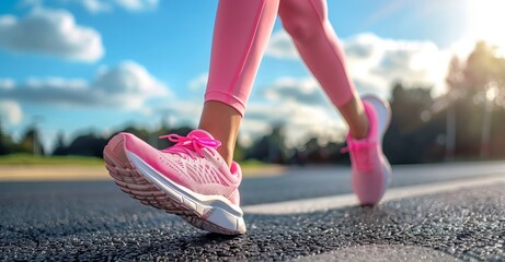 A woman is strolling on the road in pink footwear