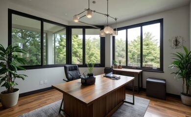 Fototapeta premium Contemporary home office with sleek furniture, large windows, and a variety of succulents