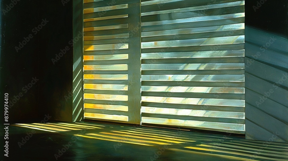 Poster a close-up of a window with blinds on the outside and sunlight streaming through the slats on the in
