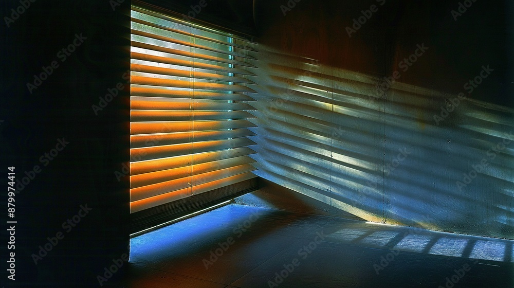 Poster a close-up of a window with light streaming through the blinds from inside