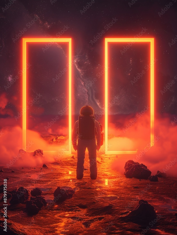 Wall mural man stands in front of two glowing red doors