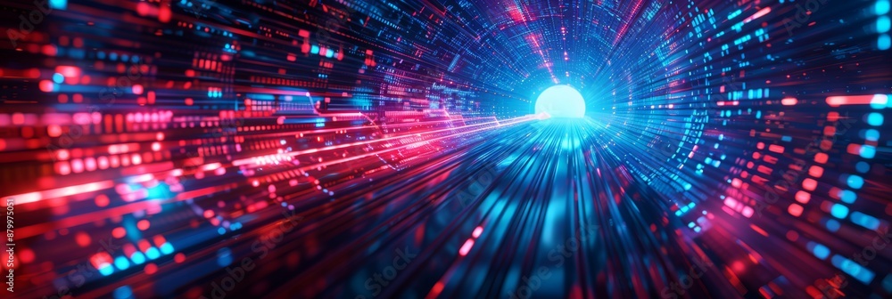 Poster dynamic depiction of a neon tunnel with vibrant blue and red lights, illustrating technological prog