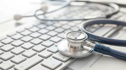 Close up view of a stethoscope and computer keyboard on a white surface with space for text representing healthcare and medical record keeping