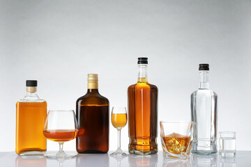 Bottles and glasses with different alcoholic drinks on white table against light background