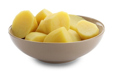 Boiled potatoes in bowl isolated on white