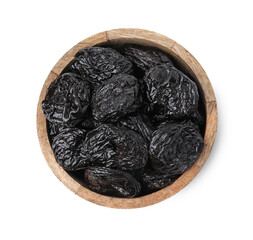 Tasty dried plums (prunes) in bowl on white background, top view