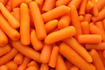 Many baby carrots as background, top view