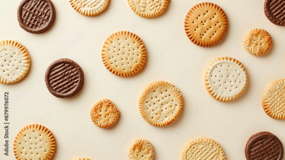 Poster biscuits displayed from above on plain background with space