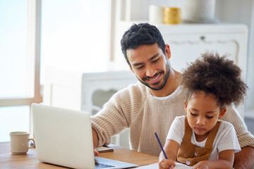 Father, girl and helping with homework in home for learning, education or homeschool lesson with remote work. People, dad or daughter with support for study activity, writing or laptop in dining room