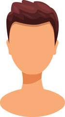 Faceless man character with brown hair is posing on white background