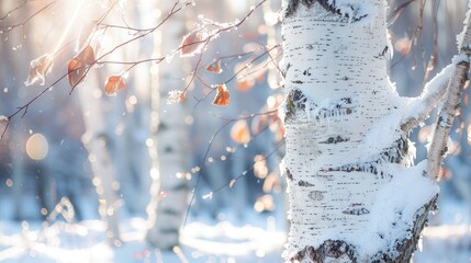 Snow covered birch tree trunk in winter
