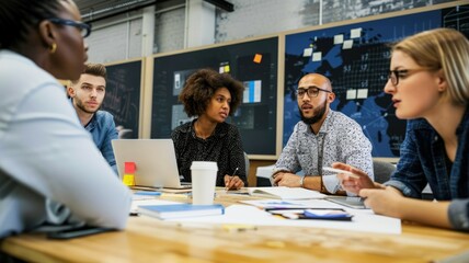 Modern office environment with diverse team collaborating on projects, focused and engaged in discussion. AIG53M