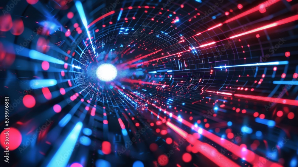 Poster dynamic depiction of a neon tunnel with vibrant blue and red lights, illustrating technological prog