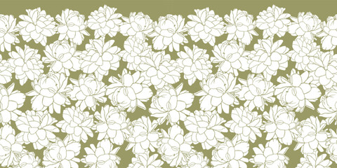 Vector white and gold Jasminum sambac or Arabian Jasmine flower monochrome horizontal border pattern. Suitable for textile, wallpaper and gift wrap.