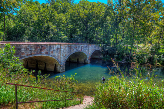 Bennett Spring Bridge.  Three span concrete arch bridge over Spring Creek. An original structure of the State Park built in 1934 by the CCC.  Windyville MO. 