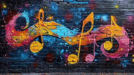 Colorful Music Notes Graffiti on Brick Wall