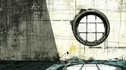   A circular window sits in a room, accompanied by a gray-toned concrete wall featuring a grungy paint design Punching through the wall is a hole