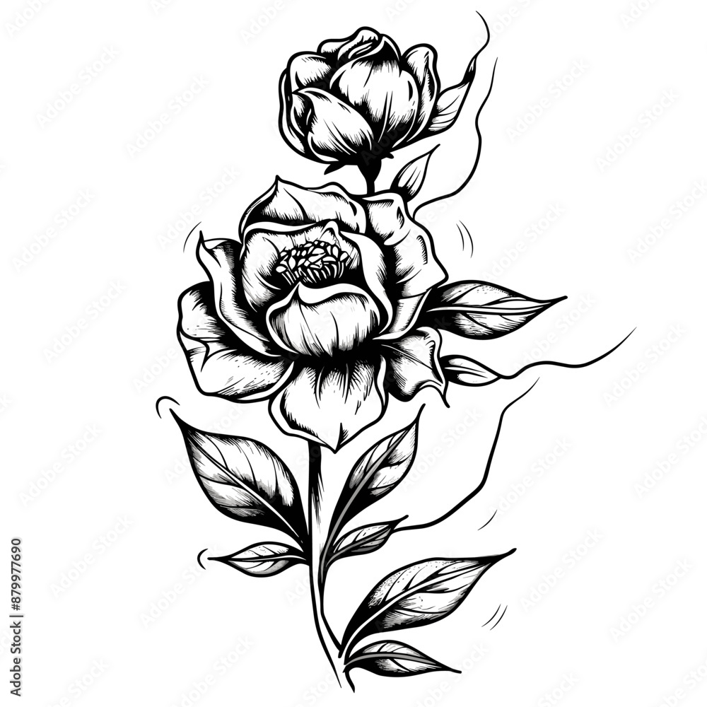 Poster a black and white drawing of a flower with a stem. the flower is in the center of the image and has 