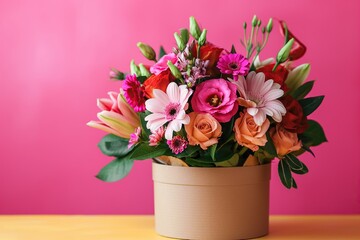 Beautiful bouquet of flowers in a gift box on a pink background
