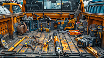 construction tools in bed of truck.
