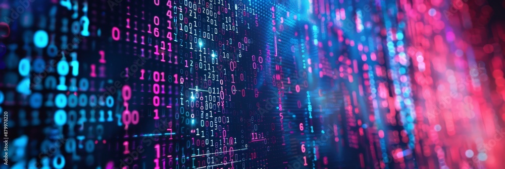 Poster a digital matrix with streaming lights and binary codes portrays data flow and technology advancemen