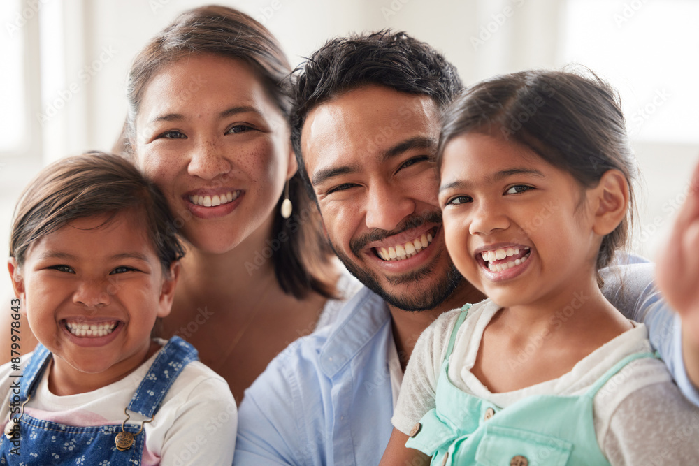 Sticker Happy family, portrait and sofa with selfie for photography, picture or memory together at home. Mother, father and young children with smile in joy for bonding, moment or weekend in relax at house