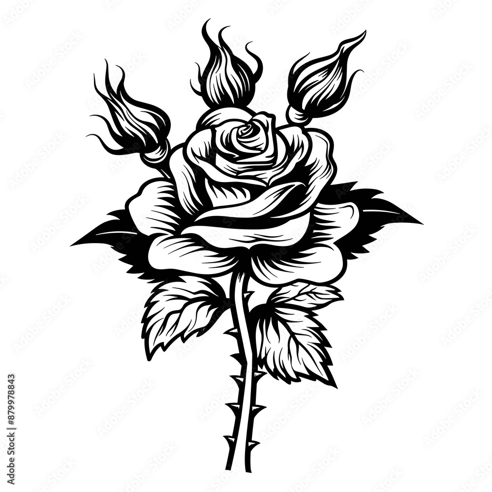 Poster a black and white drawing of a rose with three stems. the rose is the main focus of the image, and t