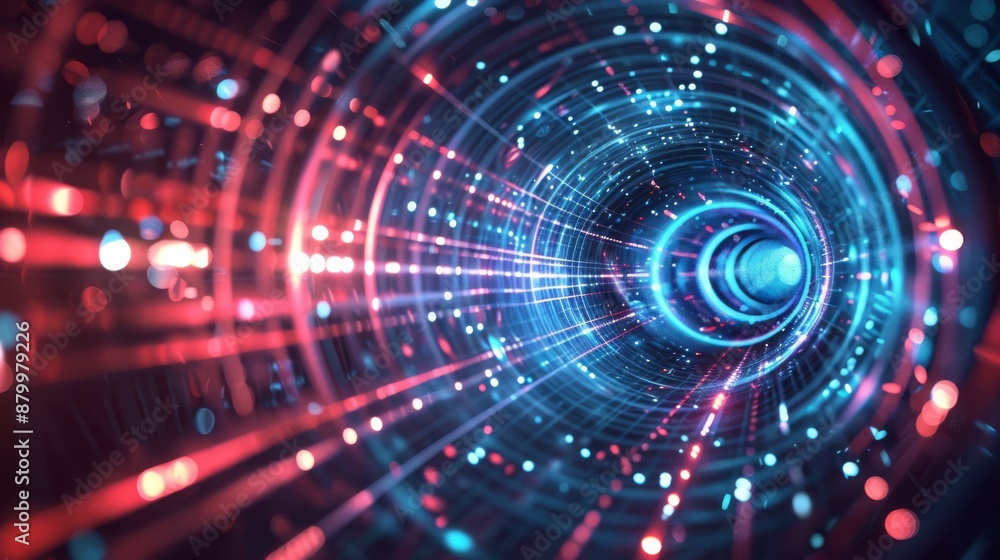 Poster dynamic depiction of a neon tunnel with vibrant blue and red lights, illustrating technological prog