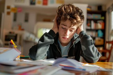 Teen student stressed with her homework, struggling with multiple books and disorganized notes