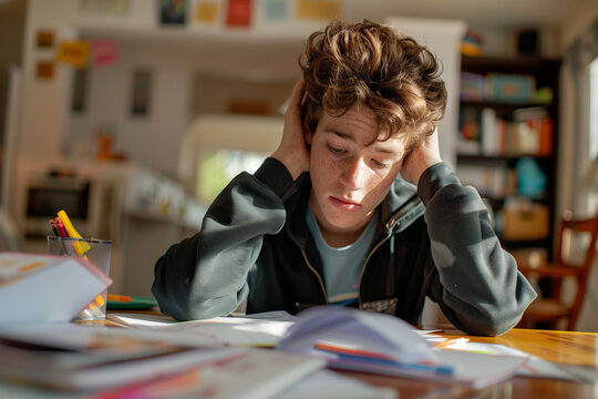 Teen student stressed with her homework, struggling with multiple books and disorganized notes