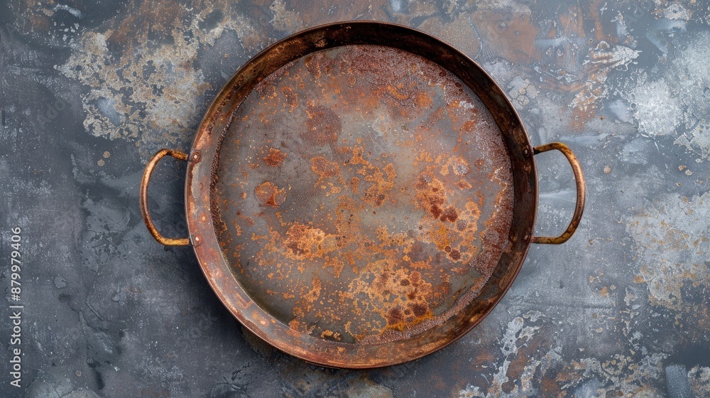 Poster isolated top view of a round metal tray with handles showing signs of rust and emptiness