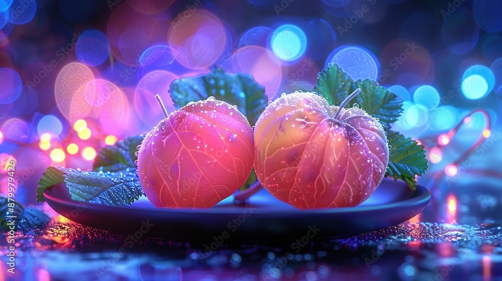 Poster a close-up of two oranges on a plate on a table with lights in the background and water droplets on 