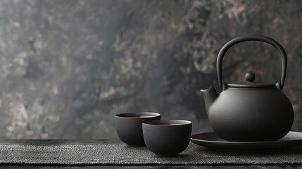 Black teapot with cups on the table