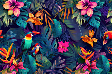 A colorful painting of two birds with flowers and leaves in the background, generative ai image..
