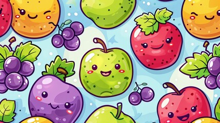 fruit-themed kids illustrations, cheerful fruit characters in cartoon doodle style, including smiling apples and grapes, make a fun pattern for kids products and school supplies