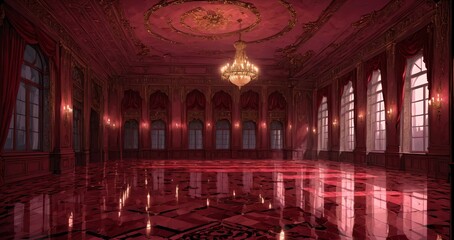 Obraz premium palace interior of room red ballroom sun room with sunlight through windows. elegant mansion gothic baroque castle decor and victorian style. candles and chandelier lighting.