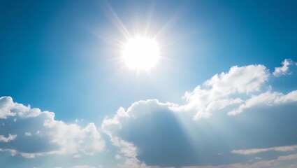 Bright Sun Shining in a Clear Blue Sky with Fluffy White Clouds
