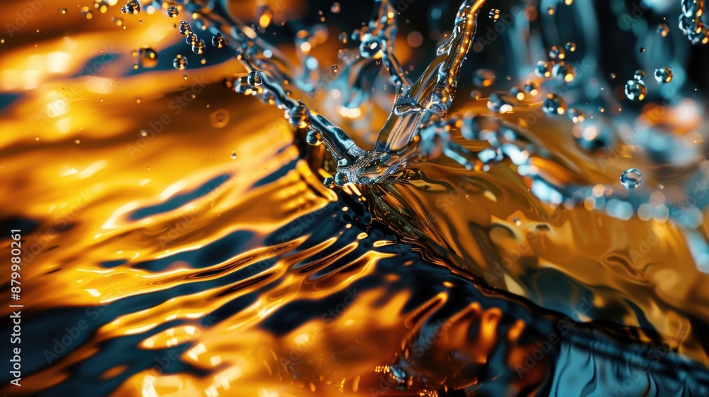Poster a high-angle view of a water droplet hitting a surface, creating a small splash