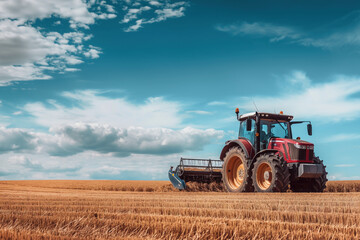  Low angle vintage photo of a harvester on the wheat field with sunny sky on the background