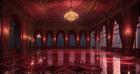 Obraz premium palace interior of room red ballroom sun room with sunlight through windows. elegant mansion gothic baroque castle decor and victorian style. candles and chandelier lighting.