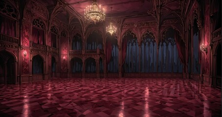 Obraz premium baroque room interior of gothic palace castle mansion with candles dark red embellishments. goth horror ballroom with arches, columns, and pillars.