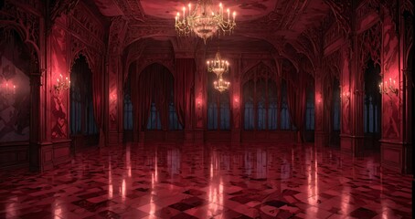 palace interior of room red ballroom and windows at night. elegant mansion gothic baroque castle decor and victorian style. candles and chandelier lighting.