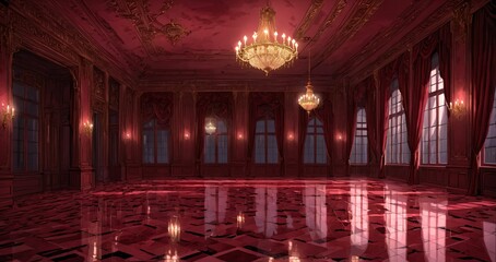 Obraz premium palace interior of room red ballroom sun room with sunlight through windows. elegant mansion gothic baroque castle decor and victorian style. candles and chandelier lighting.
