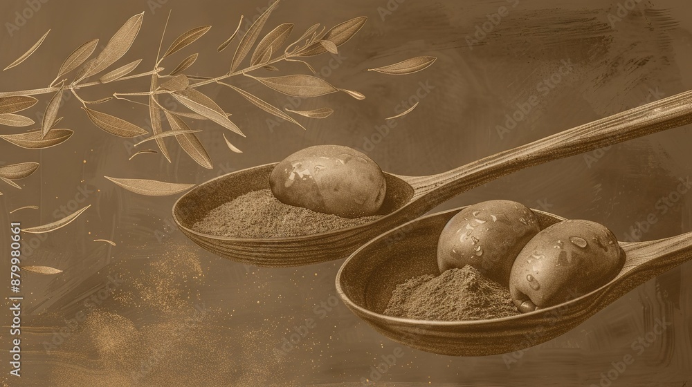 Wall mural two wooden spoons holding spices beside leafy branches on brown background