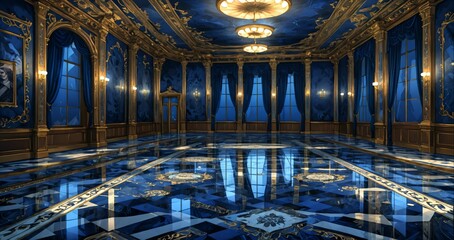 Obraz premium blue lobby room interior of mansion palace hotel building. door walkway art nuevo gothic blue and gold ornamental style with candles and deco symmetrical detailing.