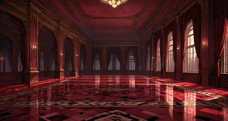 Obraz premium palace interior of room red ballroom sun room with sunlight through windows. elegant mansion gothic baroque castle decor and victorian style. candles and chandelier lighting.