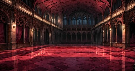 Obraz premium baroque room interior of gothic palace castle mansion with candles dark red embellishments. goth horror ballroom with arches, columns, and pillars.