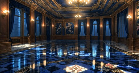 blue lobby room interior of mansion palace hotel building. door walkway art nuevo gothic blue and gold ornamental style with candles and deco symmetrical detailing.